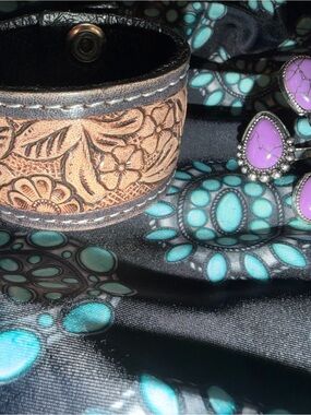Hand-Tooled Brown Leather Cuff Bracelet and Purple Squash Fashion Ring